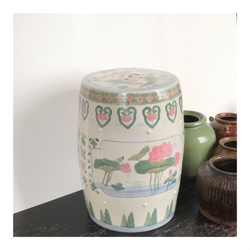 孤品 80年代老货柴烧釉下粉彩荷花鼓凳中国风矮墩换鞋凳中式客厅