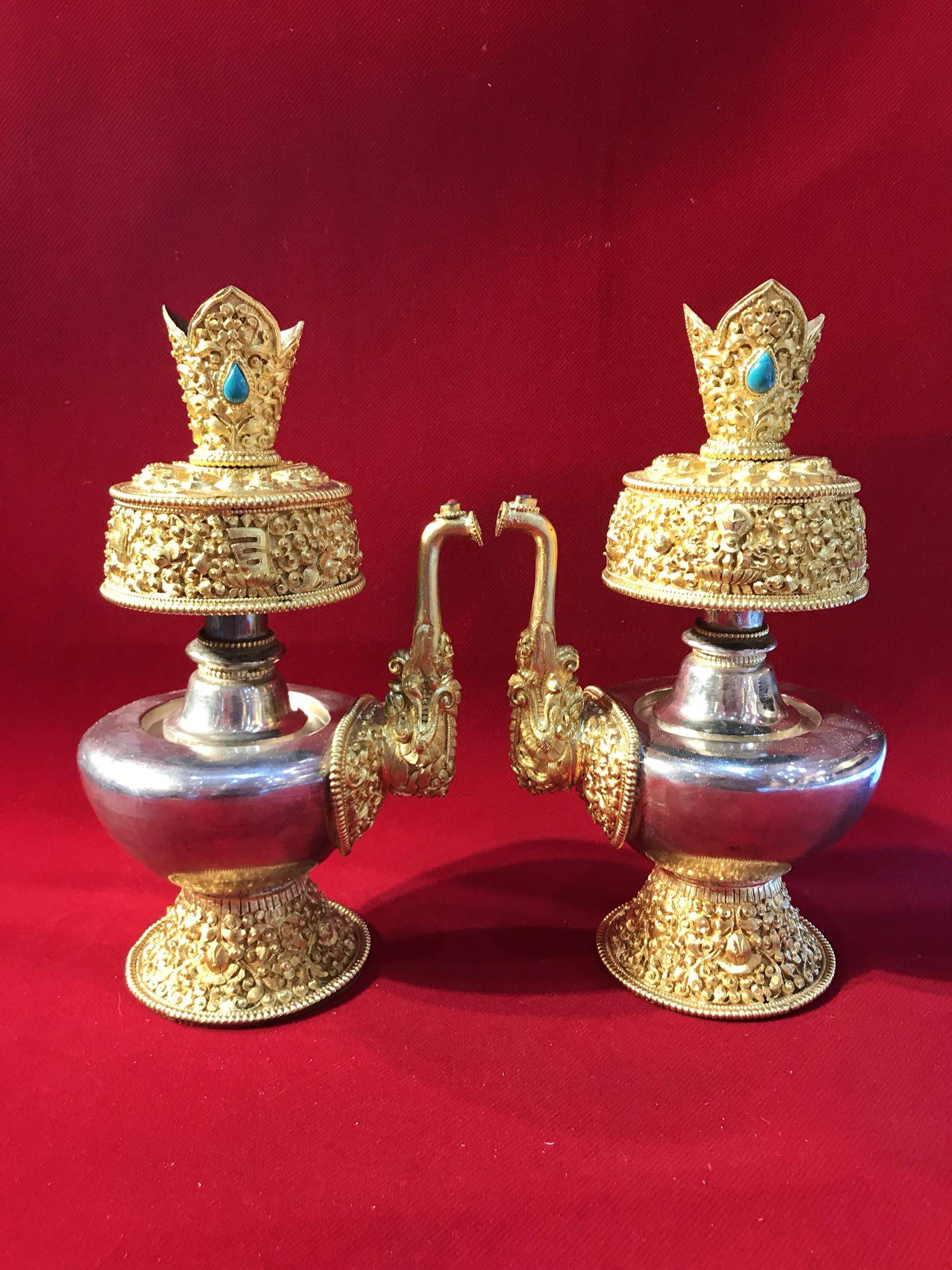 尼泊尔纯银紫铜鎏金贲巴壶 灌顶宝瓶 净水瓶 密宗佛堂摆件 一对