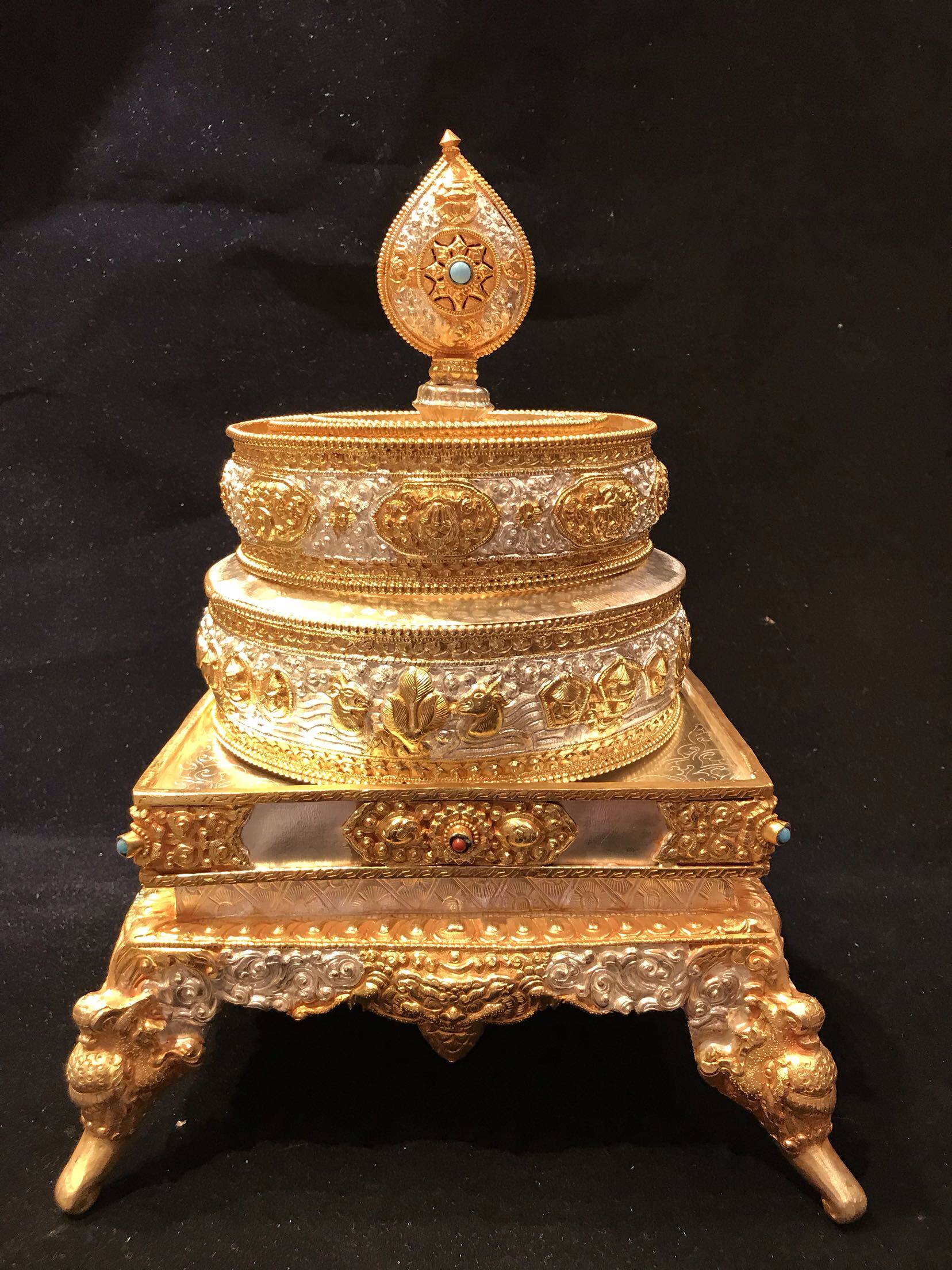 尼泊尔手工紫铜镀银镀金曼扎直径20厘米 曼茶罗 曼达盘 密宗供品