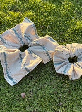 Daydream进口布料原创法式绿色条纹方巾｜手工大肠发圈女韩国布料