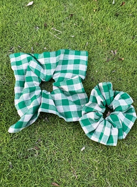 Daydream进口布料原创森系绿色格子发圈｜手工发饰头绳