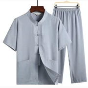 Phong cách Trung Quốc Tang phù hợp với người đàn ông mỏng phần trung niên vải lanh cha ngắn tay phù hợp với cotton và vải lanh ông già quần áo mùa hè - Trang phục dân tộc