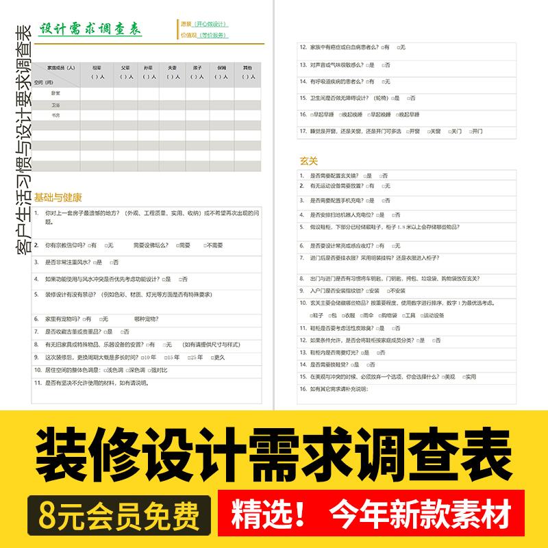 2025新款设计需求调查表室内装修设计签单专用表格客户喜好记录表