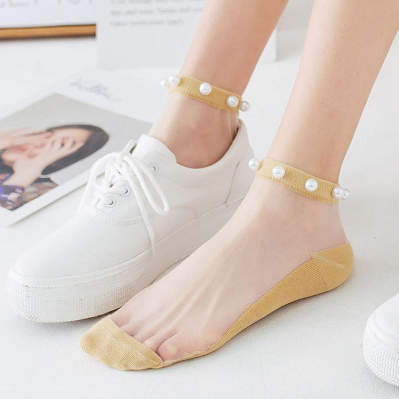 袜子女超薄水晶丝夏季隐形短袜日系学院女生袜韩国时尚棉底珍珠袜
