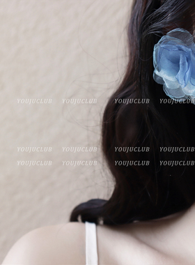 YOUJUclub-千恋万花~超仙女浪漫雪纺渐变蓝色花朵耳环蚊香盘耳夹