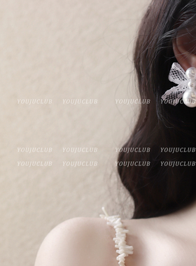 YOUJUclub-浪漫少女 温柔白色蕾丝珍珠耳钉蝴蝶结复古耳环耳夹