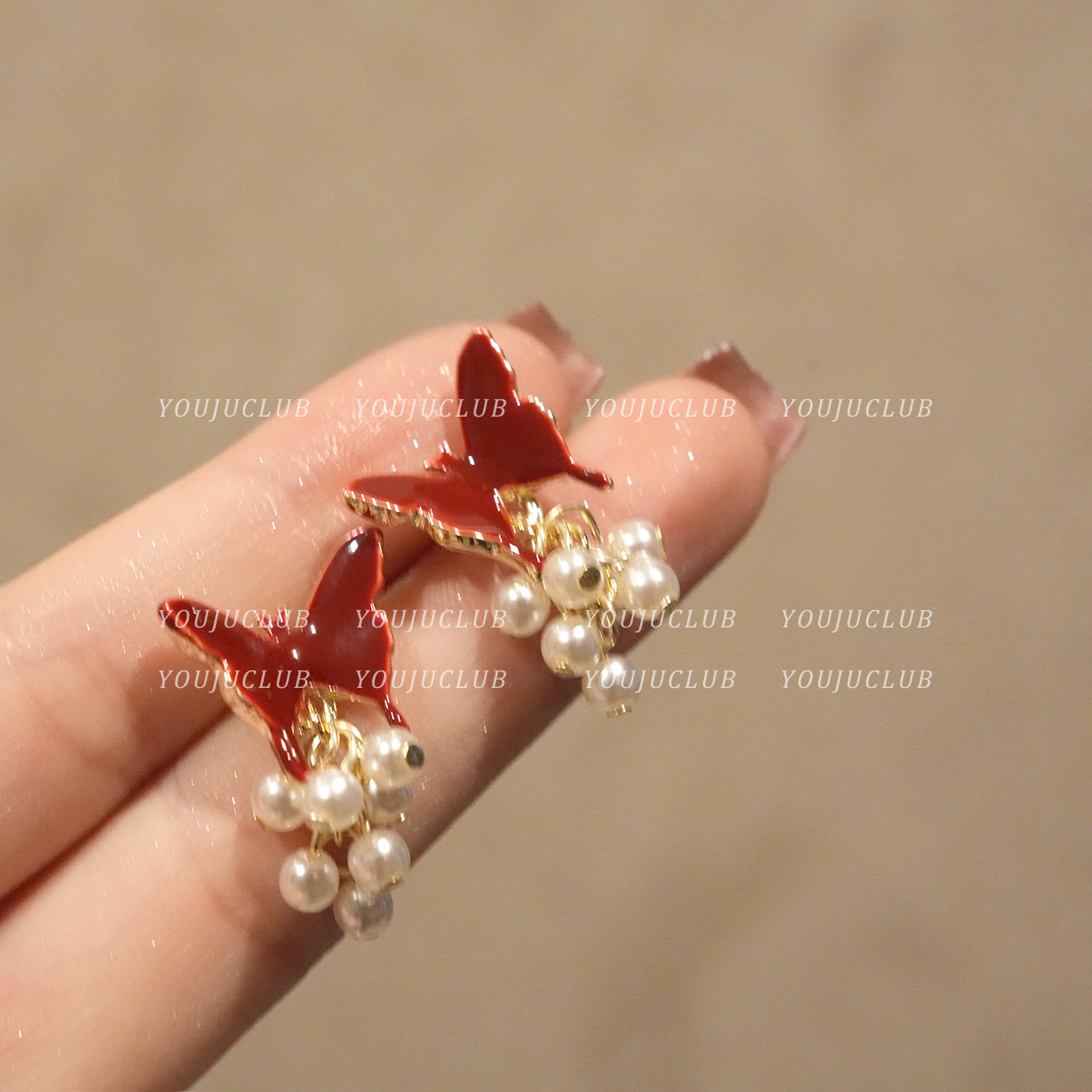 YOUJUclub-红蝶~法式复古显白酒红色滴釉蝴蝶珍珠串珠耳环耳夹女,饰品/流行首饰/时尚饰品新,耳环,淘宝优惠券,粉丝福利购,淘宝优惠卷