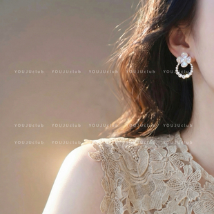 邮橘-初夏呼吸～法式甜美镶钻圆环高级感气质珍珠花朵耳环耳夹女