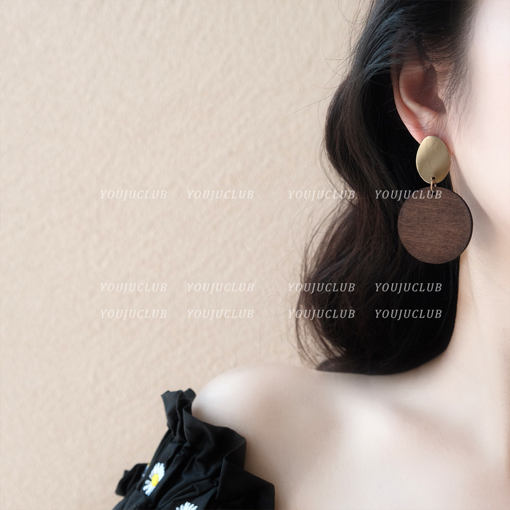 YOUJUclub-巴塞假日~复古棕色金属个性木质圆形高级感耳环耳夹女,饰品/流行首饰/时尚饰品新,耳环,淘宝优惠券,粉丝福利购,淘宝优惠卷