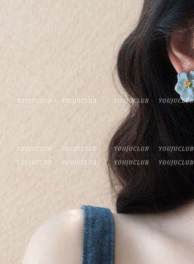 YOUJUclub-海芋花恋~仙气蓝色甜美花朵锆石高级感耳环蚊香盘耳夹