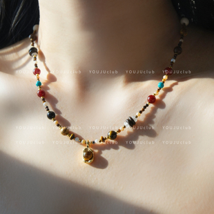 邮橘-墨染风吟~美拉德咖色琥珀石复古新中式锁骨链设计感项链女