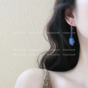 YOUJUclub-烟雨南下~新中式深蓝色天然石名族风耳环蚊香盘耳夹女
