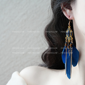 YOUJUclub 复古彩色羽毛度假名族风夸张长耳环蚊香盘耳夹 云霞序