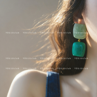 YOUJUclub-青红印象~晕染时髦夸张复古绿橙色方形耳环蚊香盘耳夹