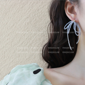 YOUJUclub 超仙女清新淡蓝色流苏蝴蝶结串珠耳环耳夹 天使爱美丽