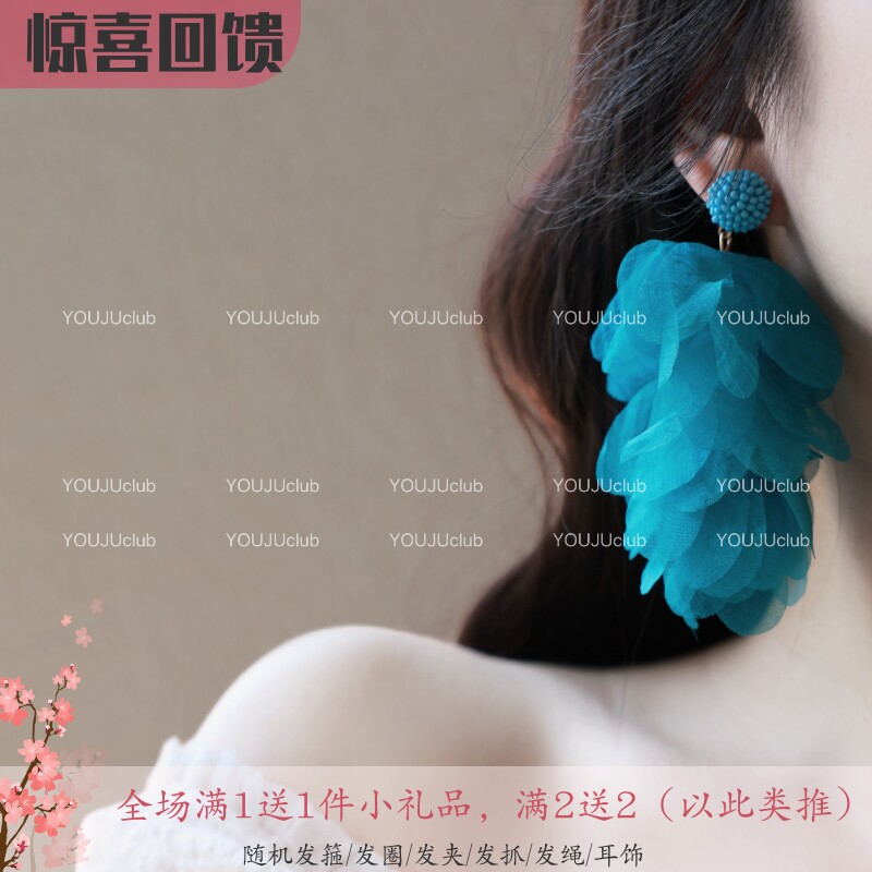 YOUJUclub-风眠~夸张浪漫显脸小雪纺黄色花瓣花朵耳环蚊香盘耳夹