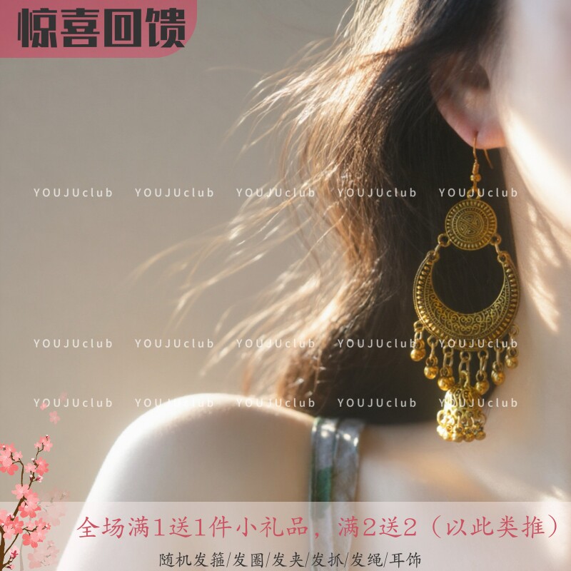 YOUJUclub-海月金兰~复古做旧金色异域民族风镂空耳环蚊香盘耳夹