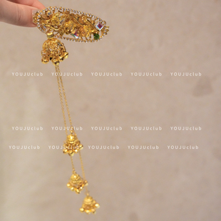 YOUJUclub-铃铛花~重工新中式金色长款流苏玫瑰新娘头饰发夹边夹