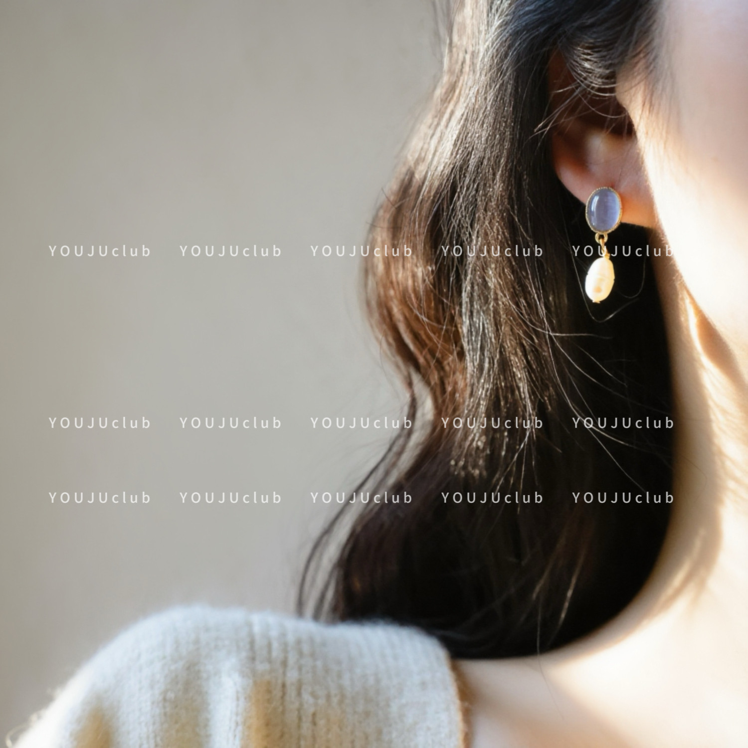 YOUJUclub-浅蓝色水滴~猫眼石椭圆形复古气质小巧耳钉蚊香盘耳夹,饰品/流行首饰/时尚饰品新,耳环,淘宝优惠券,粉丝福利购,淘宝优惠卷