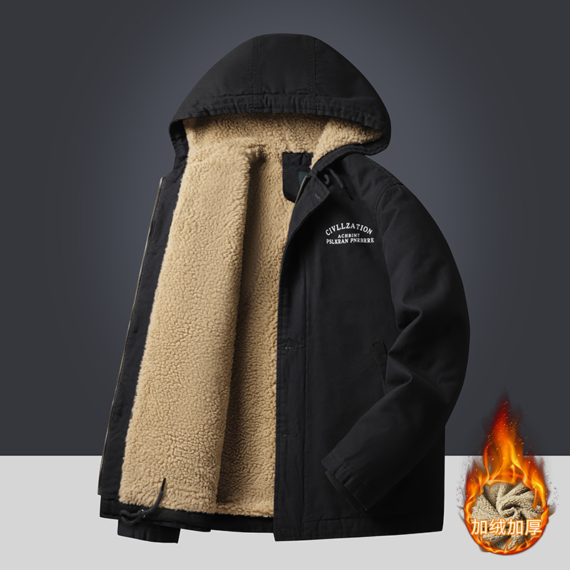 外套加绒连帽羊羔绒加厚保暖棉袄