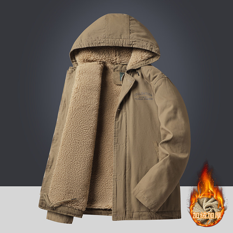 2024 MENS JACKET WINTER FLEECE COTTON JACKET LOOSE HOODED OVERALLS COTTON CLOTHES LAMB WOOL JACKET THICKENED WARM COTTON JACKET