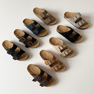 BK纯牛皮平底勃肯拖鞋新款复古双排扣二字拖外穿休闲沙滩凉鞋男女