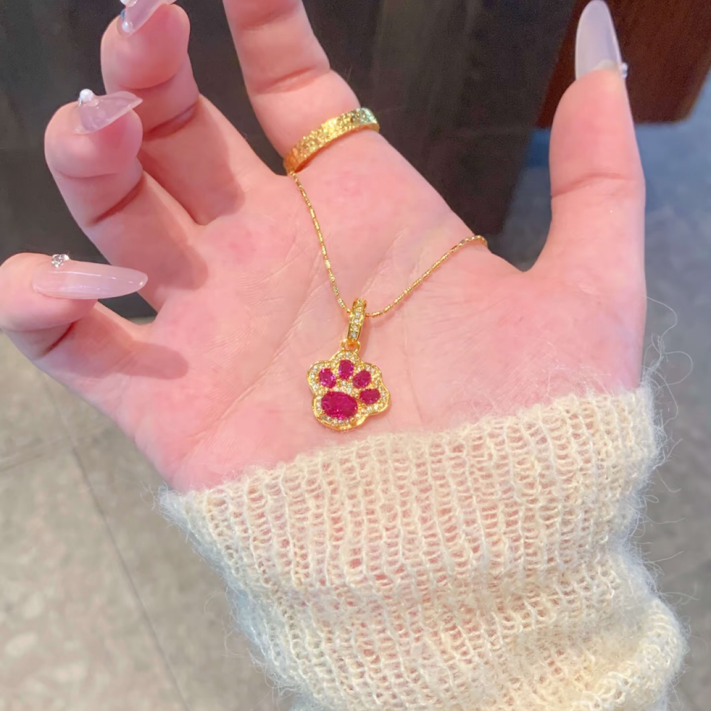 金包银红宝石猫爪项链轻奢百搭