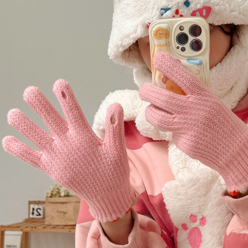可触屏手套冬季女毛线针织棉手套