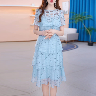 清新高雅波点蛋糕连衣裙2025夏季新款女士洋气减龄显瘦漂亮中长裙