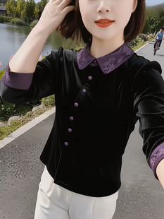 2026秋冬新款金丝绒衬衫女高级感减龄妈妈装中老年女装上衣打底衫
