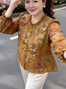 洋气九分袖衬衫女2026新款洋气妈妈装设计感印花雪纺衫宽松上衣薄