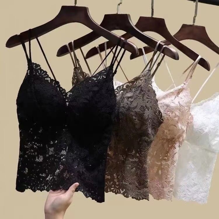 夏季新款蕾丝美背吊带背心女固定胸垫大胸聚拢上托外穿内搭内衣女