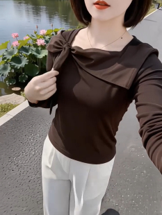 早秋T恤女蝴蝶结洋气减龄修身显瘦长袖衬衫女设计感小众别致上衣