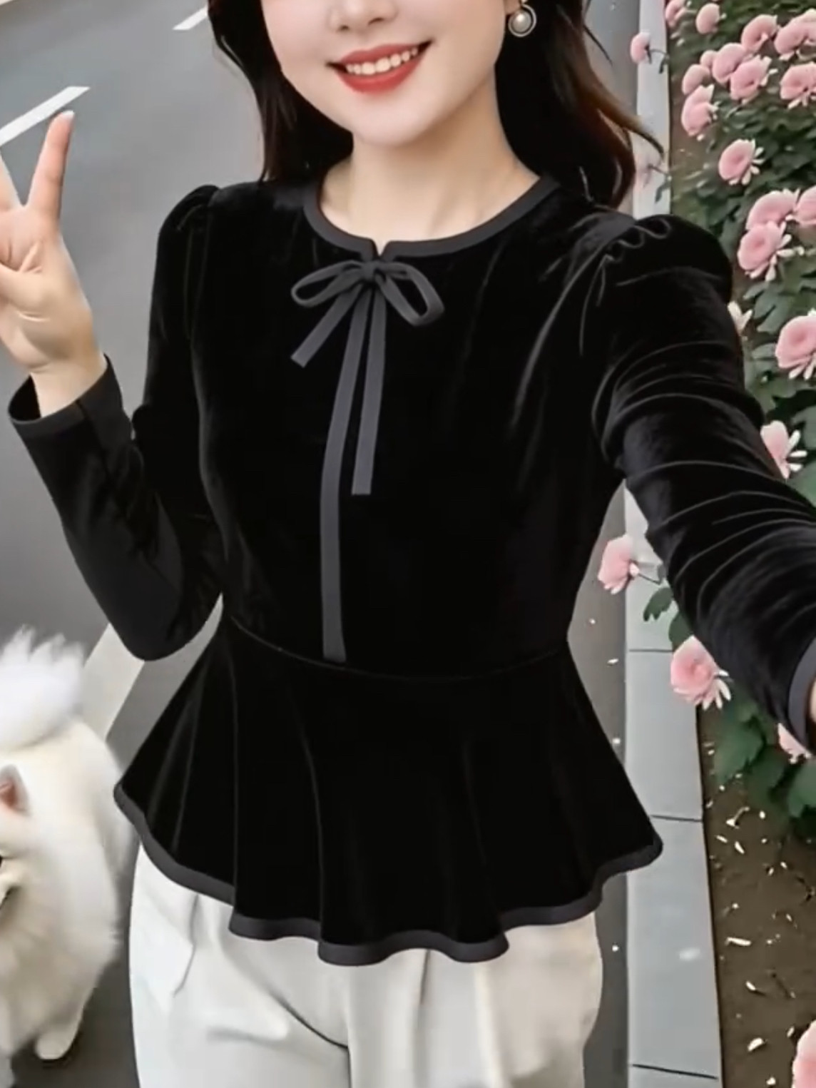 金丝绒上衣收腰裙摆小衫长袖黑色T恤小个子打底衫衬衫女洋气时髦