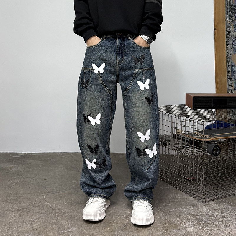 2025秋冬新款蝴蝶刺绣牛仔裤男美式复古宽松痞帅直筒休闲阔腿长裤