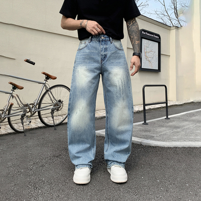 美式潮牌水洗蓝直筒牛仔裤男裤子