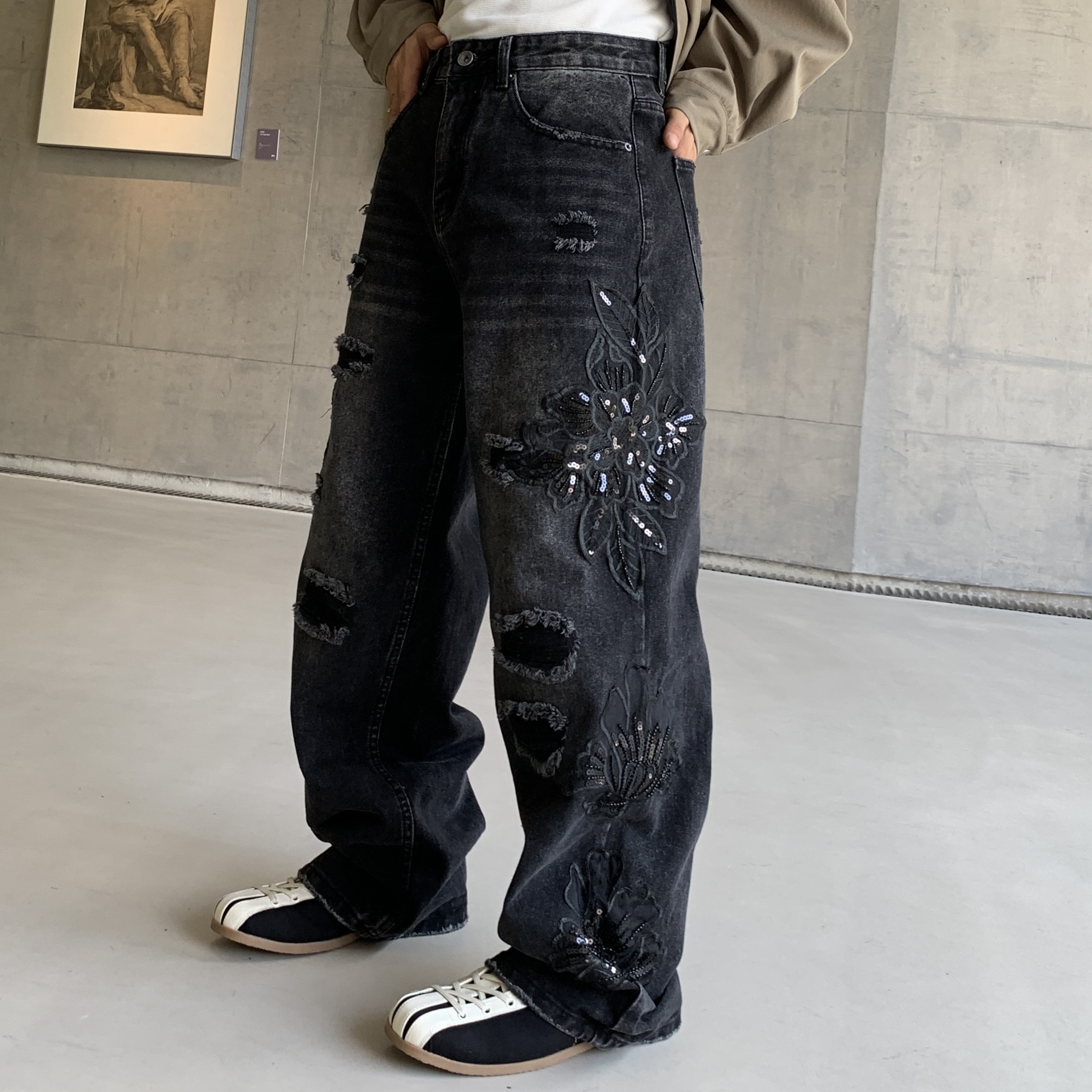 美式巴黎风刺绣花贴片破洞贴布阔腿牛仔裤裤男小众个性复古长裤子