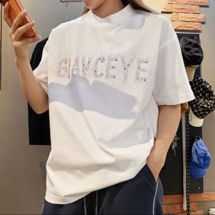 烫钻字母短袖t恤男女潮牌宽松休闲半袖340G重磅纯棉短T情侣同款夏