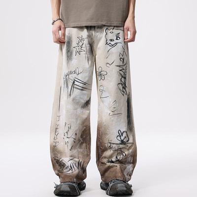 美式复古高街手绘涂鸦印花牛仔裤