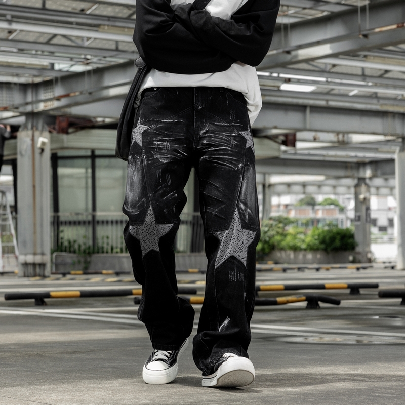 谢霆锋同款黑色五角星牛仔裤男裤