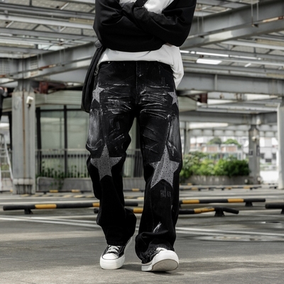 谢霆锋同款黑色五角星牛仔裤男裤