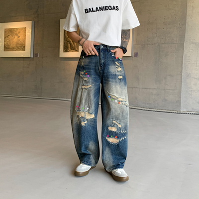 美式水洗假破洞扣子设计牛仔裤男