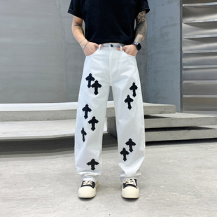 美式潮牌白色贴皮十字架牛仔裤男款设计感高街阔腿宽松直筒长裤子