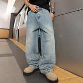 男重工宽松泼墨满天星阔腿裤 刘雨鑫同款 巴黎风直筒烫钻爆闪牛仔裤