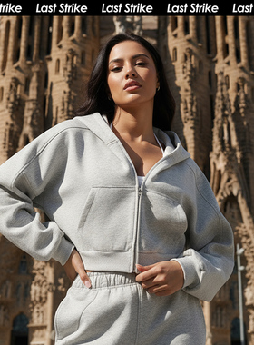Last Strike美式休闲显瘦跑步运动连帽灰色卫衣拉链外套开衫短款
