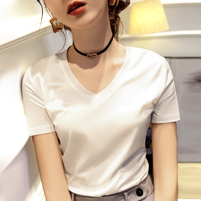 2021夏季新款冰丝亮面基础款V领短袖净色光泽感丝光棉简单T恤女