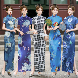 大花旗袍立体印花复古走秀 夏季 夜上海修身 显瘦连衣裙日常改良长款