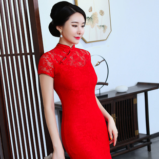 中国红旗袍裙长款2025新款大码修身显瘦礼仪走秀演出改良女礼服