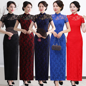 夏季 表演服装 蕾丝短袖 复古长旗袍改良开衩舞蹈舞台装 斜襟大码 新款