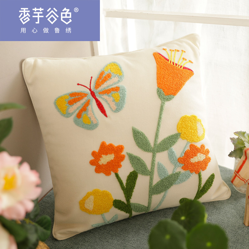 田园绣花布艺抱枕套沙发靠包 鲁绣办公室腰枕 美式乡村Z靠枕靠垫